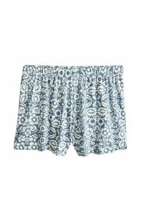 Shorts à taille élastique avec un motif floral bleu et blanc, coupe ample et fluide.