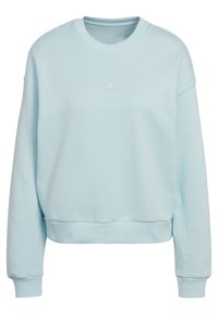 Sweat-shirt court bleu clair avec encolure ronde, poignets et ourlet côtelés. Présente un petit logo blanc en relief sur la poitrine. Texture de tissu douce.