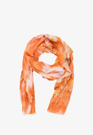 Sciarpa arancione leggera con motivi astratti nelle tonalità di rosa e oro. I bordi sono frangiati, conferendo un aspetto morbido e testurizzato.