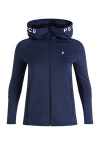 Marineblå zip-jakke med høj krave, der har hvid tekst med 'PEACE' på hætten og et lille logo på brystet. Glat stof.