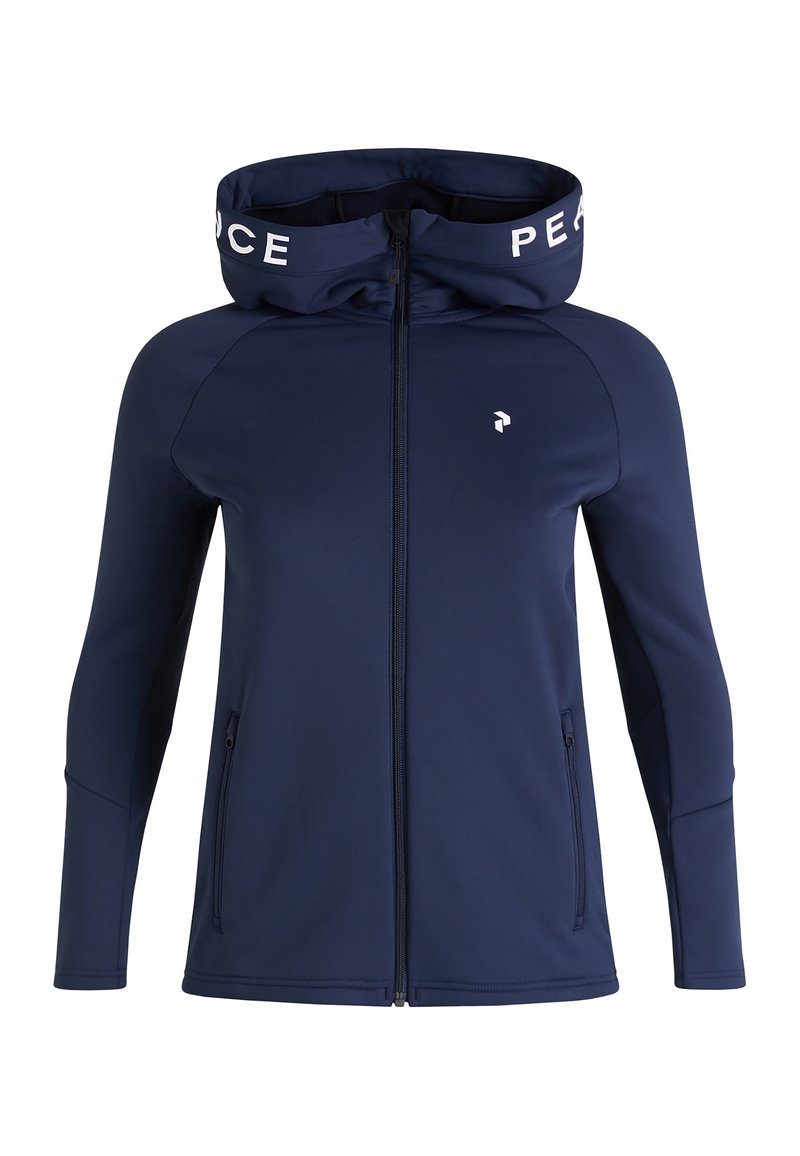Marineblå zip-jakke med høj krave, der har hvid tekst med 'PEACE' på hætten og et lille logo på brystet. Glat stof.