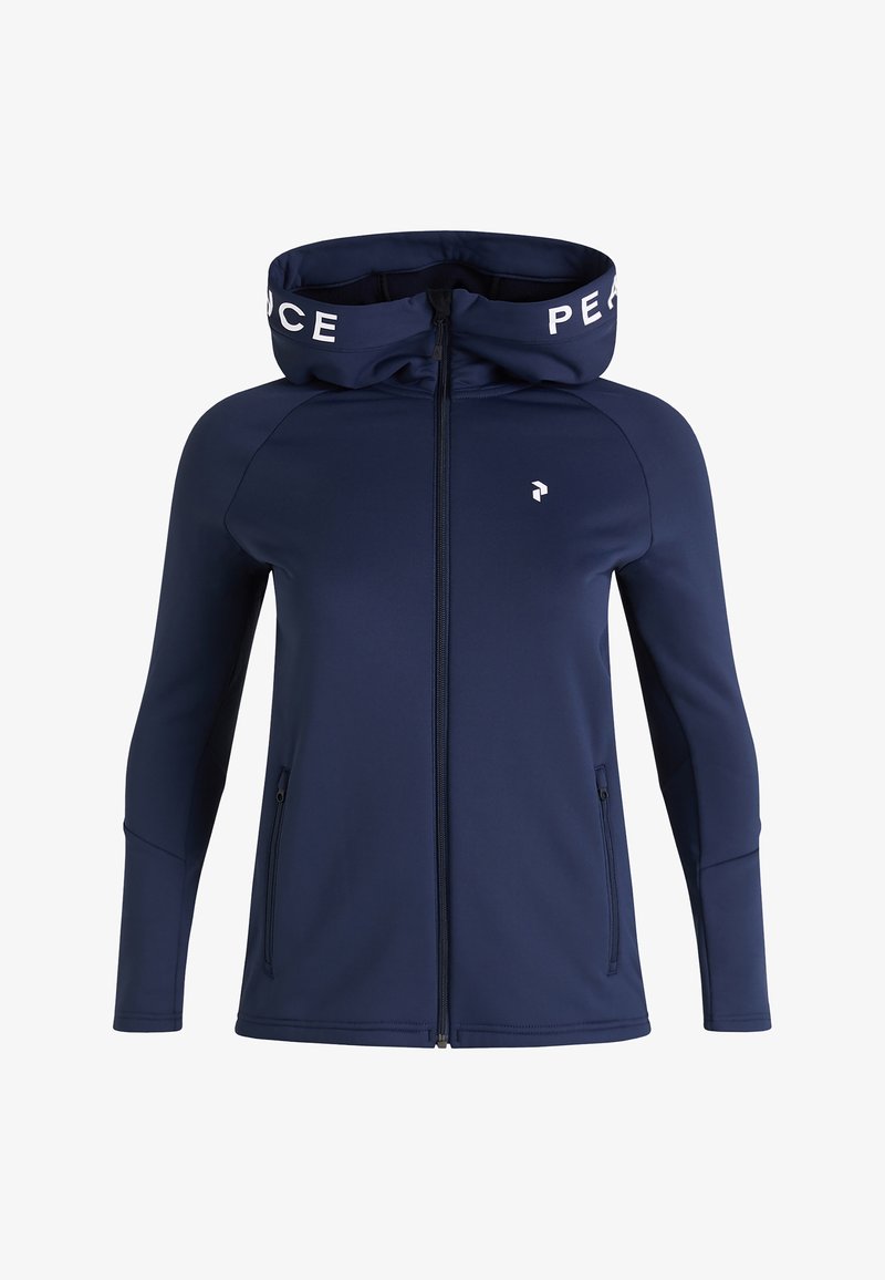 Giacca zip-up blu navy con colletto alto, caratterizzata da un testo bianco 'PEACE' sul cappuccio e un piccolo logo sul petto. Tessuto liscio.