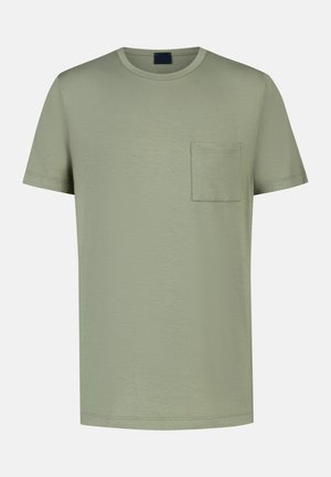 Hellgrünes kurzärmeliges Baumwoll-T-Shirt mit Rundhalsausschnitt und einer kleinen Tasche auf der linken Brust, dargestellt vor weißem Hintergrund.