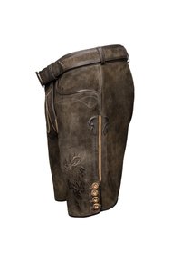 Braune Wildledershorts mit gesticktem Rehdesign, seitlichen Taschen und dekorativen Knöpfen am Saum, inklusive einem Gürtel.