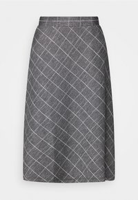 Šedá károvaná sukně s páskem v pase, s diagonálními bílými čarami a hladkou texturou. Střih do lichoběžníku s délkou nad kolena.