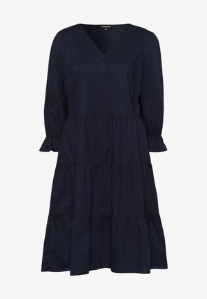 Navyblaues Baumwollkleid mit V-Ausschnitt, langen Puffärmeln, gestuftem Design und Rüschendetails an den Ärmeln und dem Saum.