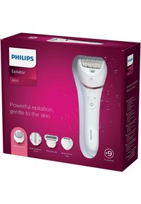 Épilateur Philips 8000 en blanc avec des accents roses, doté de plusieurs têtes pour différentes fonctions, présenté dans un emballage résistant à l'eau.
