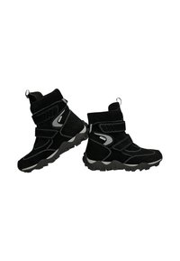 Schwarze Wanderschuhe aus Wildleder mit strukturierter Oberfläche. Verfügen über Klettverschlüsse, kontrastierende weiße Nähte und eine robuste Gummisohle.