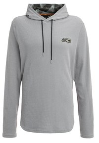 Sudadera con capucha de punto en color gris claro, con cordones negros y un pequeño logo "SC" en el lado izquierdo del pecho.