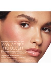 Gros plan sur le visage d'une femme montrant un blush lisse et naturel sur les joues, avec des lèvres brillantes et des sourcils bien taillés.