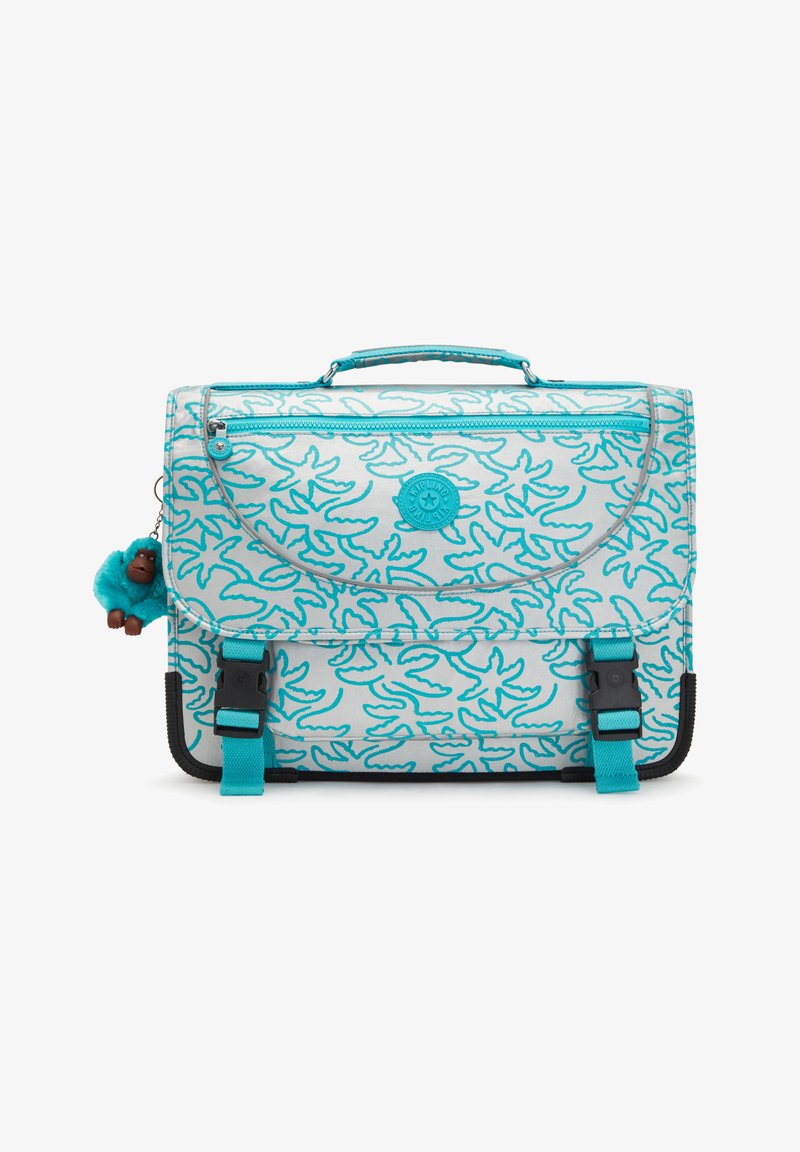 Sac messager gris clair avec des motifs de feuilles turquoise, doté d'une poignée supérieure, d'une poche zippée et d'un charme de singe bleu attaché. Accents noirs.