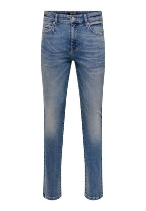 Blue denim jeans with a faded finish, five-pocket design, and a straight cut. Features a button closure and belt loops.