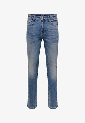 Blue denim jeans with a faded finish, five-pocket design, and a straight cut. Features a button closure and belt loops.