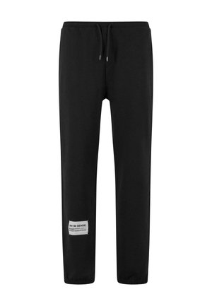 Schwarze Jogginghosen aus weichem Material, mit elastischem Bund und Kordelzug, schmal zulaufenden Beinen und einer bedruckten Logoapplikation am linken Oberschenkel.