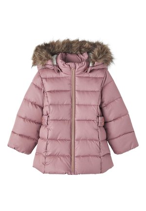 Veste d’hiver matelassée pour enfants violette avec fermeture éclair frontale et capuche bordée de fausse fourrure marron.