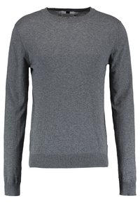Grauer Langarmpullover mit Rundhalsausschnitt, gerippten Bündchen und Saum, glatter Textur und ohne sichtbare Muster oder Verzierungen.