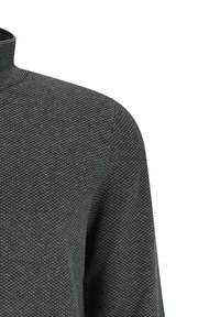 Dunkelgrauer Rollkragenpullover mit einem strukturierten, gewebten Muster und einer taillierten Passform. Keine sichtbaren Beschläge oder Akzente.