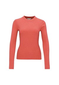 Pull en maille côtelée corail à manches longues avec encolure ronde et silhouette ajustée, présenté sur fond blanc.