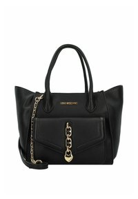 Borsa a tracolla nera in pelle con due manici, superficie testurizzata, accent con catena color oro e tasca frontale con dettaglio a lucchetto a forma di cuore.