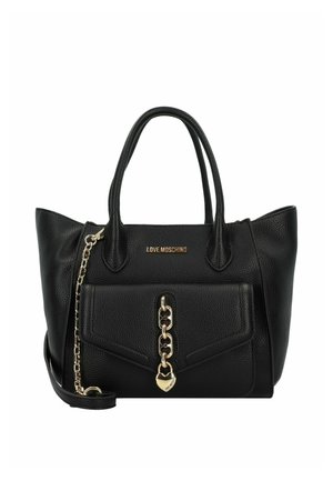 Borsa a tracolla nera in pelle con due manici, superficie testurizzata, accent con catena color oro e tasca frontale con dettaglio a lucchetto a forma di cuore.