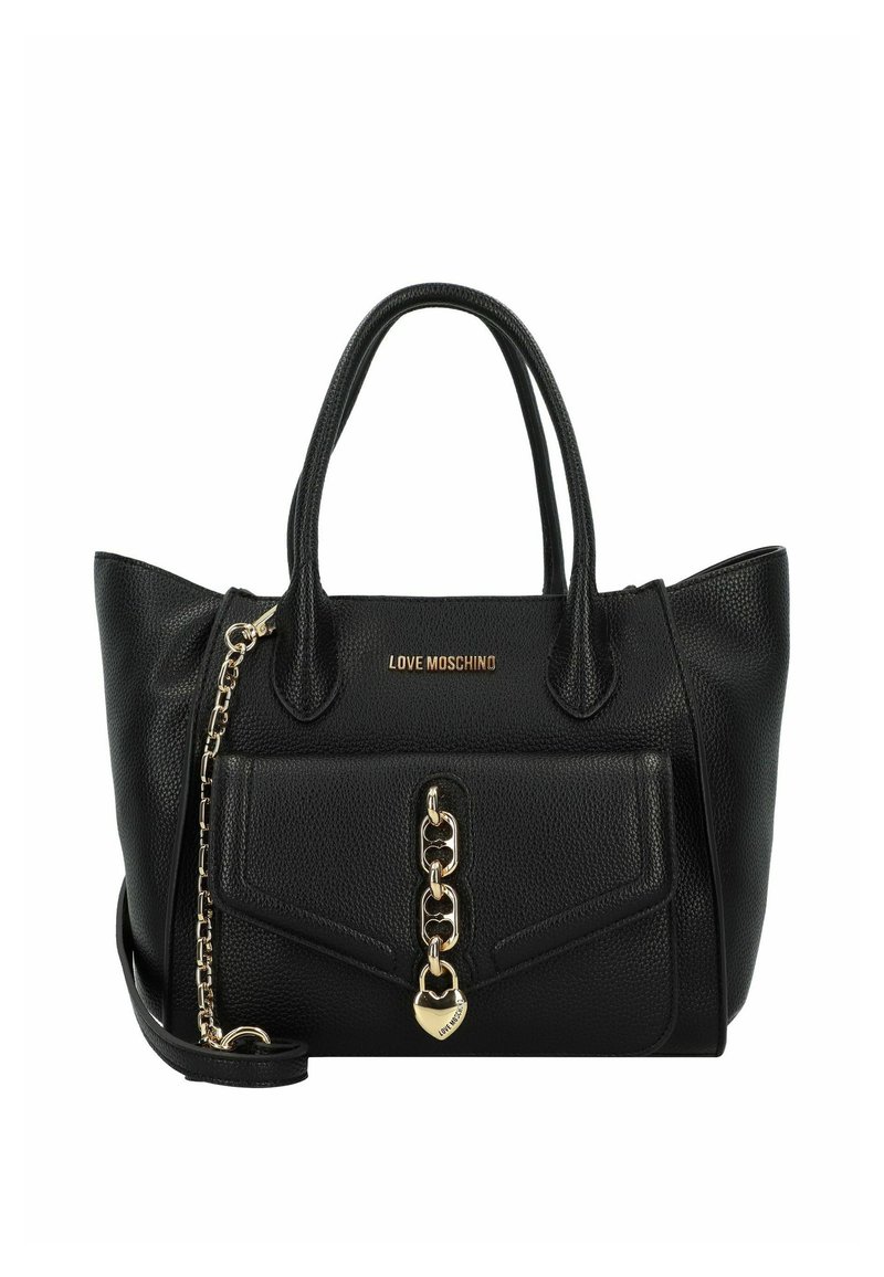 Borsa a tracolla nera in pelle con due manici, superficie testurizzata, accent con catena color oro e tasca frontale con dettaglio a lucchetto a forma di cuore.