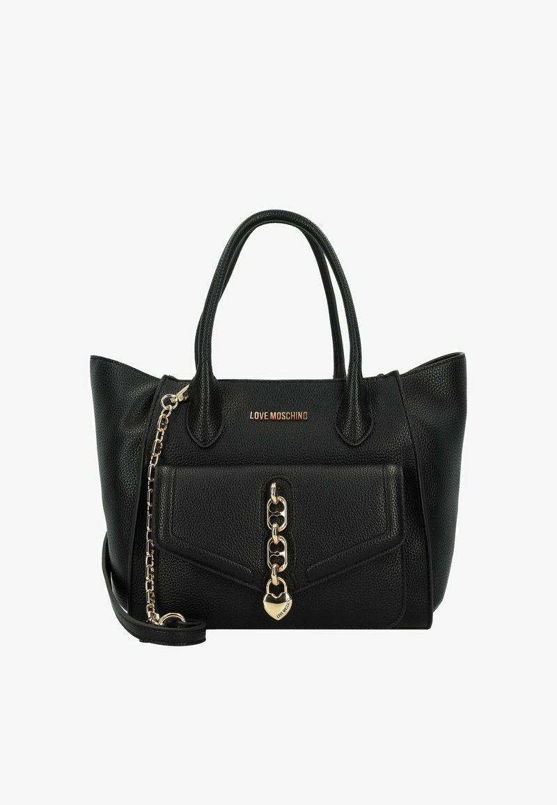 Borsa a tracolla nera in pelle con due manici, superficie testurizzata, accent con catena color oro e tasca frontale con dettaglio a lucchetto a forma di cuore.