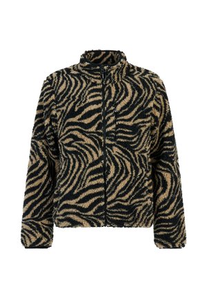 Fluffy zip-up jakna s uzorkom zebra u crnoj i bež boji te stajaćim ovratnikom, prikazana na bijeloj pozadini.