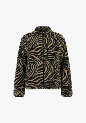 Giacca zip-up in peluche con motivo a strisce zebra nera e beige e colletto rialzato, mostrata su uno sfondo bianco.