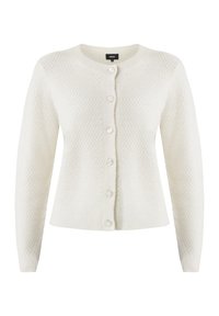 Vitt stickad cardigan med ett strukturerat mönster, rund hals och knappknäppning fram med stora vita knappar. Långa ärmar och ribbad nederkant.