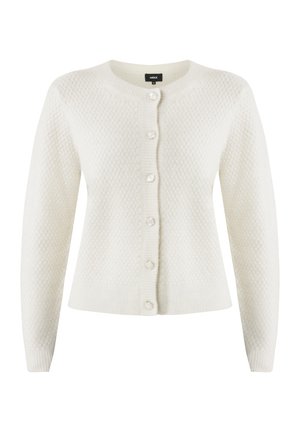 Witte gebreide cardigan met een textuurpatroon, ronde hals en een sluiting met grote witte knopen aan de voorkant. Lange mouwen en geribbelde zoom.