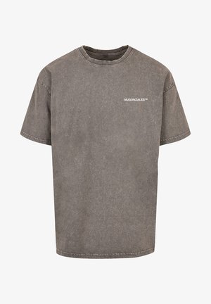 Grijze katoenen t-shirt met een ronde hals en korte mouwen. Bevat een subtiele logo, MJGONZALES™, gedrukt in het wit op de borst.