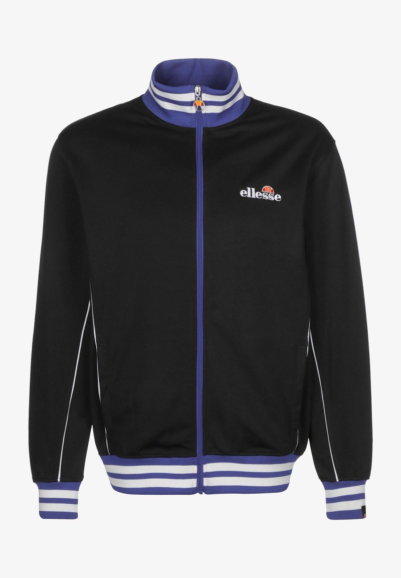 Veste de sport noire zippée avec col, poignets et bas rayés violet et blanc, avec le logo ellesse sur la poitrine gauche.