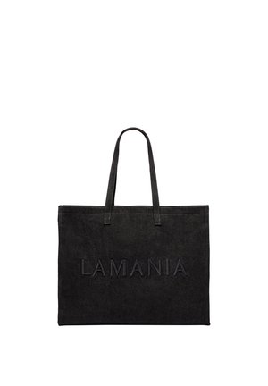 Czarna prostokątna torba typu tote z dwoma uchwytami i tłoczonym napisem "LAMANIA" z przodu, wykonana z materiału przypominającego zamsz.