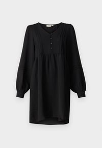 Vestido preto com mangas balão longas, decote em V, fecho de botão e detalhes em pregas no corpete. Tecido leve com um design fluido.