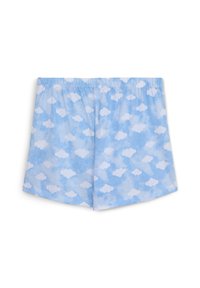 Pantaloni corti di cotone azzurro chiaro con una texture morbida, caratterizzati da un motivo di nuvole bianche su tutta la superficie e una vita elastica per il massimo comfort.