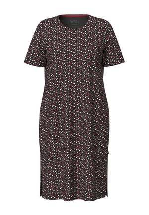 Vestito nero a maniche corte, lunghezza al ginocchio, con scollo rotondo e motivo a piccoli pois rosa, bianchi e rossi.