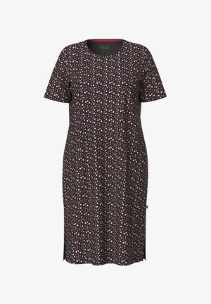 Vestido negro de manga corta hasta la rodilla con cuello redondo, con un patrón de pequeños lunares rosas, blancos y rojos.