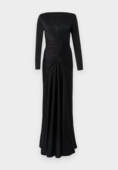 Black long-sleeve dress with a fitted bodice, gathered detailing at the front, and a flowing skirt. Smooth fabric and a round neckline.