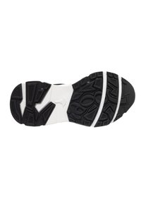 Semelle de sneaker en caoutchouc noir avec des motifs de grip texturés, présentant une semelle intermédiaire blanche et des accents pour une adhérence et une durabilité accrues.