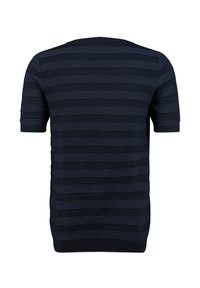 Maglione a maniche corte a righe navy, caratterizzato da righe orizzontali di diverse tonalità di navy, in tessuto lavorato a maglia, con dettagli a coste sul collo e sui polsini.
