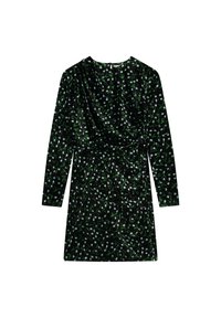 Langarmkleid aus schwarzem Samt mit einem grünen und weißen Blättermuster, gerafftem Ausschnitt und tailliertem Bund für eine figurbetonte Silhouette.