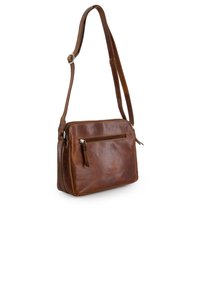 Brun læder crossbody taske med justerbar rem, lynlåslukket hovedrum og fornog. Glat tekstur med subtil glans.