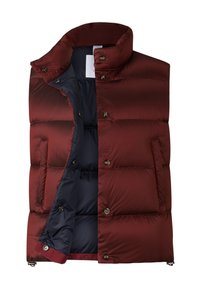Bordeauxrot gesteppte Weste mit hohem Kragen, Druckknöpfen und marineblauer Innenauskleidung. Verfügt über horizontale Steppabschnitte und seitliche Taschen.
