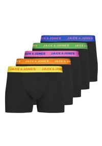 Pack van zes zwarte boxershorts met elastische taillebanden in verschillende kleuren: blauw, groen, roze, oranje en geel, met merklogo.