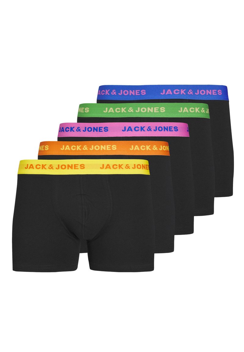 Pack van zes zwarte boxershorts met elastische taillebanden in verschillende kleuren: blauw, groen, roze, oranje en geel, met merklogo.