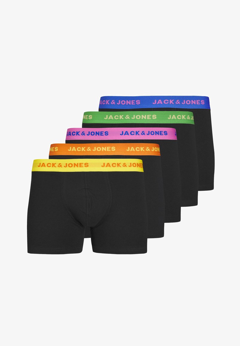Pack de six boxers noirs avec ceintures élastiques dans diverses couleurs : bleu, vert, rose, orange et jaune, affichant le logo de la marque.