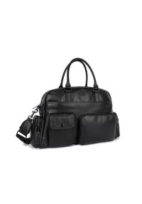 Borsa in pelle nera con doppio manico superiore e tracolla staccabile, dotata di due tasche frontali e un comparto con zip.