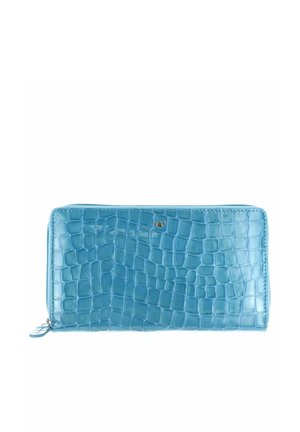 Blue crocodile-textured leather zip-around wallet with small silver logo on front and matching leather zipper pull.