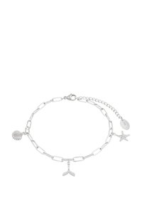 Bracciale in argento con ciondoli a forma di conchiglia, coda di balena e stella marina. Texture liscia con finitura lucida e chiusura a gancio.