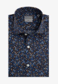 Slim-fit-paita sinisellä kukkakuviolla, jossa on pieniä ruskeita ja beigestä kukkia, klassinen kaulus ja valkoiset napit.